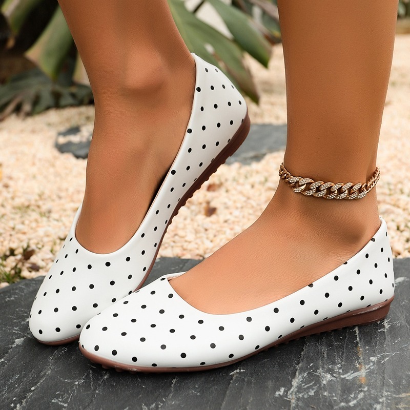 Women Shoes Loafers - Dames Witte Polka Dot Flats Ronde